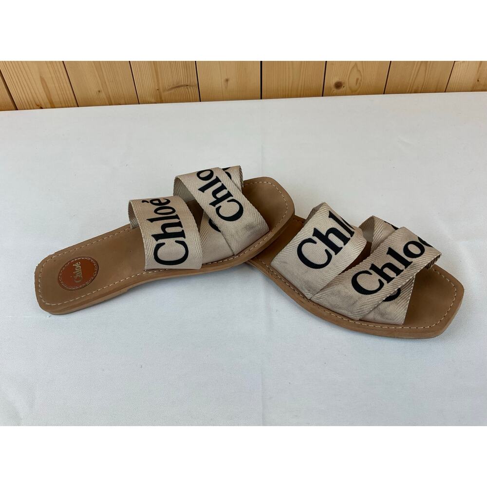 Chloé Beige Logo Ribbon Slide Sandals - Picture 3 of 6